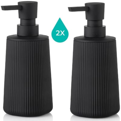 BUDDLEY Zeepdispenser - SET van 2 Zeepdispensers - Zeeppompjes - Zwarte Zeeppomp - Zeeppompje vrijstaand - Zeepdispenser Zwart - Keuken - Badkamer - Zeep pompje - Toilet - Zeep Dispenser - Zeepdispensers