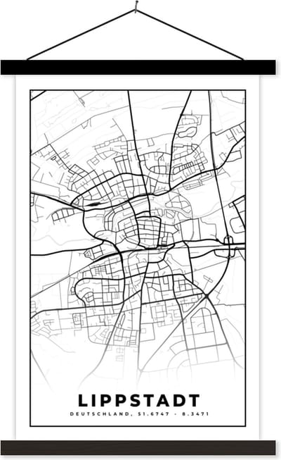 Posterhanger incl. Poster 40x60 cm - Schoolplaat - Lippstadt - Plattegrond - Stadskaart - Kaart - Textielposter - Zwarte latten - Stadskaart