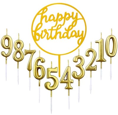 Verjaardagskaarsen Set van 10, Gouden Cijferkaarsen voor Taart met Happy Birthday Topper