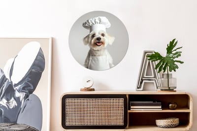 WallCircle - Wandcirkel - Muurcirkel - Hond - Wit - Kok - Aluminium - Dibond - 60x60 cm - Binnen en Buiten