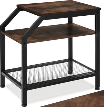 tectake® Bijzettafel met 2 planken en roosterplank - Nachtkastje in industrieel design - Voor woonkamer, slaapkamer, kantoor, hal - Eenvoudige montage - Zwart metalen frame - Afmeting (LxBxH) 36,5 x 58,5 x 59,5 cm - Donkerbruin