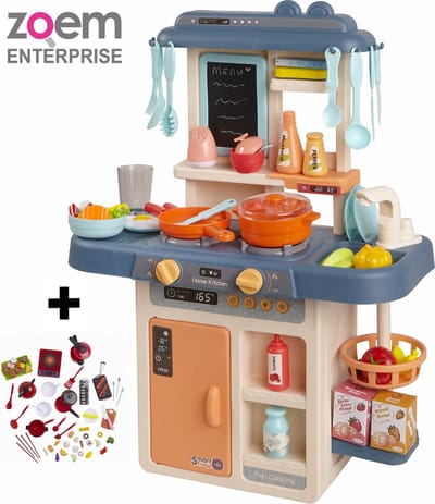 Zoem - Keuken – Blauw - Extra 60 accessoires - Stoom - Werkende kookplaat - Kinderkeuken - Keukenspullen - Ingrediënten - Keukengerei - Eten en drinken - Koken - Bereiden - Speelgoedkeuken - Keukenset – Cadeau – Verjaardag