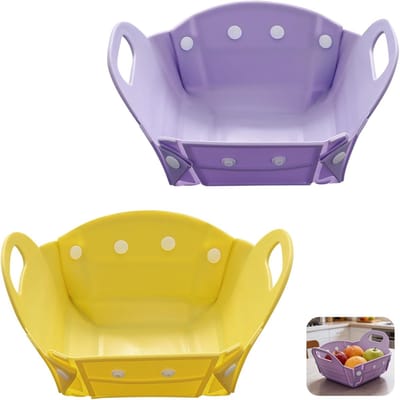 Set van 2 opvouwbare fruitmanden en 2-in-1 snijplanken - Opbergmand voor kamperen en picknicken - TPR-materiaal, 20x10,5 cm - Paars en oranje - Opvouwbare siliconen kom