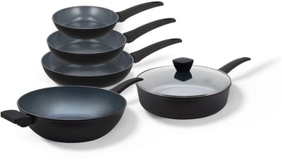 BE Living Pannenset 5-delig - Ø 20, 24 & 28 cm Koekenpan + Ø 32 cm Wokpan + Ø 28 cm Hapjespan met Deksel - Koekenpannenset - Keramisch - Inductie Pannen - PFAS Vrij Anti Aanbak - Delight Series
