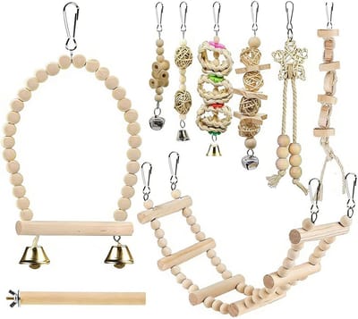 Vogelspeelgoed set - Vogelkooi accessoires - Stimuleert natuurlijk gedrag - Veerkrachtig kauwontwerp - 35 cm ladder - Houtkleur