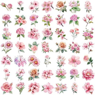 Lot de 50 Stickers Transparent Cartoon Fleur Rose - Étanches PET Transparent Fournitures Scrapbooking pour Guitare EnregistrementYourLife Store