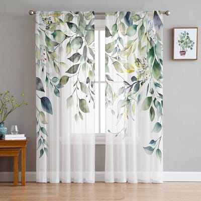 Planten in pastorale stijl Eucalyptusbladeren Transparante gordijnen voor woonkamerdecoratie Raamgordijnen Keuken Tule Voile Gordijnen W135 x H115cm x1 white