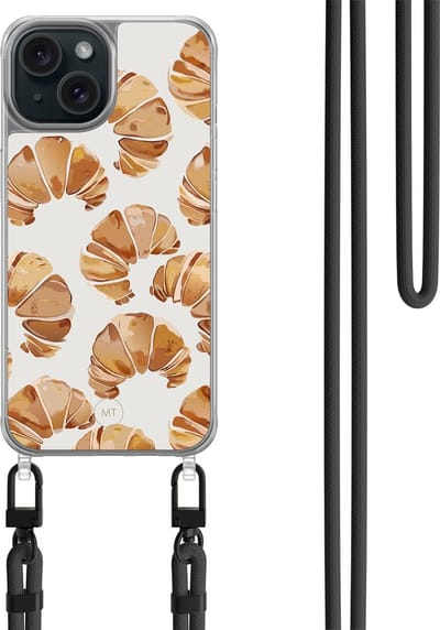 Hoesje met koord geschikt voor iPhone 15 - Croissant - Inclusief zwart koord - Crossbody beschermhoes - Transparant, Bruin - Mooie Telefoonhoesjes