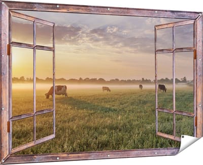 Gards Tuinposter Doorkijk Koeien in de Wei tijdens Zonsopkomst - 180x120 cm - Tuindoek - Tuindecoratie - Wanddecoratie buiten - Tuinschilderij