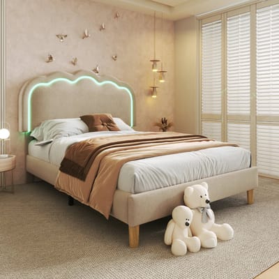 VVBV Gestoffeerd Eenpersoonsbed met LED-Verlichting 90x190 cm - Lattenbodem, Verstelbaar Hoofdbord - Linnen Beige