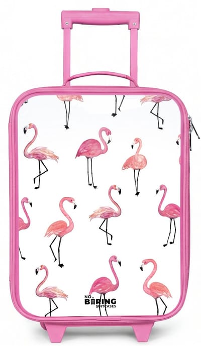 NoBoringSuitcases.com® - Kinderkoffer roze - Kindertrolley meisje - Flamingo feestje - Koffer kind lichtgewicht - Reiskoffer trolley voor kinderen - Koffertje met lichtgevende wieltjes - Rolkoffer