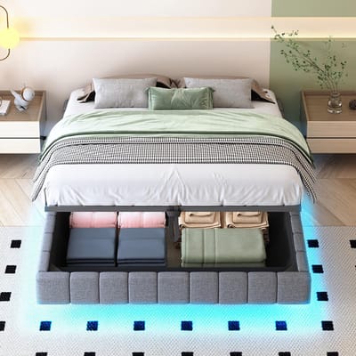 BLACKCOLORS Gestoffeerd bed 160x200 cm, hydraulisch lattenbodem met opbergruimte, multifunctioneel gestoffeerd bed zonder hoofdeinde met ledverlichting, grijs linnen