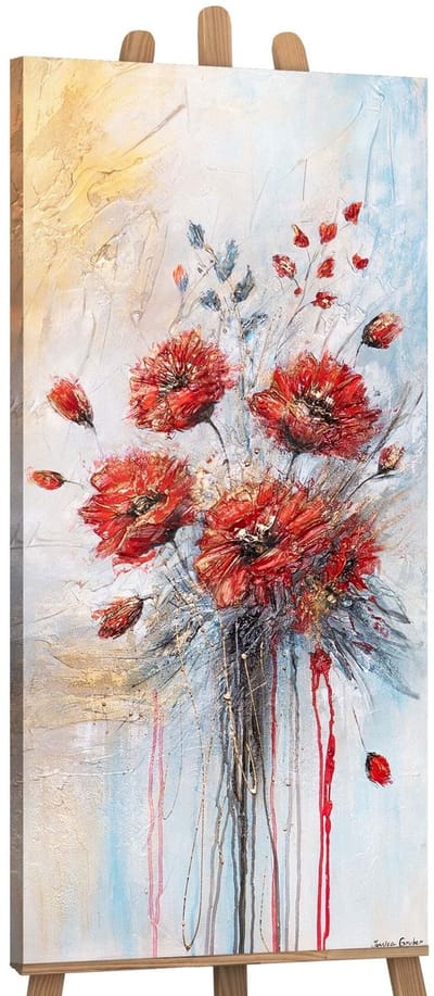Canvas schilderij panoramisch 115x50 handgeschilderd rode klaprozen bloemen – YS-Art Gallery – Uitbundige wanddecoratie voor woonkamer – Modern schilderij voor hal