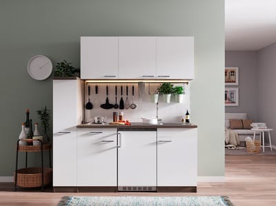 Goedkope keuken 180  cm - complete kleine keuken met apparatuur Oliver - Donker eiken/Wit - elektrische kookplaat  - koelkast          - mini keuken - compacte keuken - keukenblok met apparatuur