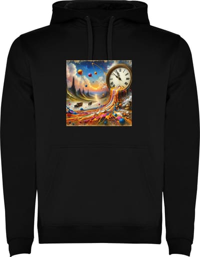 Zwarte unisex hoodie met “ Kleurrijke Salvador Dali achtige klok - Kunst “ Print Full Color Color merk Roly maat S