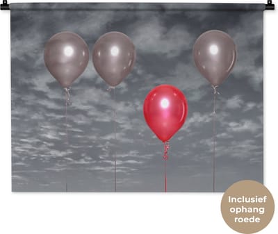 Wandkleed Rood zwart wit - Een zwart-wit foto met drie grijze ballonnen en een rode ballon Wandkleed katoen 90x67 cm - Wandtapijt met foto