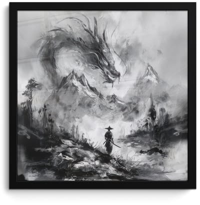 Poster in lijst - Fotolijst 40x40 cm - Posters - Krijger - Draak - Grijs - Posterlijst zwart - Decoratie - Wanddecoratie woonkamer - Muurdecoratie slaapkamer