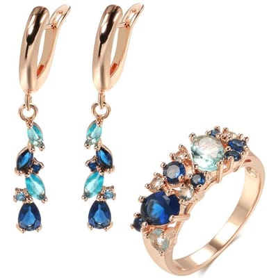 Nouvelles Boucles d'Oreilles Longues et Anneaux en Zircon Naturel Bleu pour Femmes Tendance Anneau Or Rose Romantique Vintage Ensembles de Bijoux de Mariage 7 beige