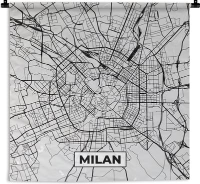 Wandkleed - Wanddoek - Milaan - Stadskaart - Zwart Wit - Plattegrond - Kaart - 180x180 cm - Wandtapijt