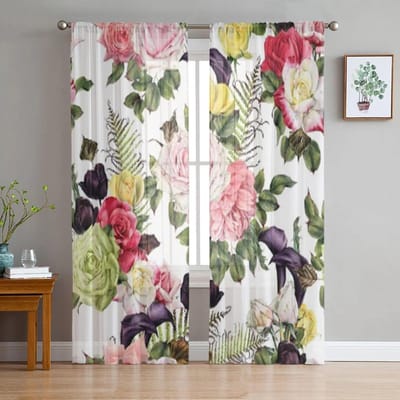 Bloemen Rozen Aquarel Bloemen Chiffon Transparante Gordijnen voor Woonkamer Slaapkamer Keuken Decoratie Raam Voiles Tule Gordijn 135W x 114H(cm) white