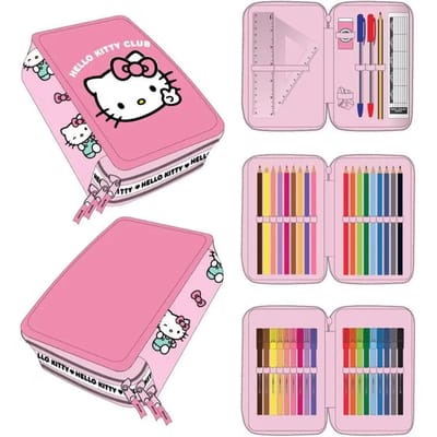 Hello Kitty Etui - Gevulde etui - 3 Lagen - 44-delig - Kleurpotloden - Stiften - Potlood - Puntenslijper - Gum - Pennen - Linialen