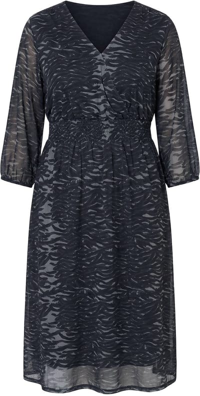 Ulla Popken - Dames - Midi-jurk van mesh zebrapatroon V-hals 3/4-mouwen - Zwart - Maat 42+
