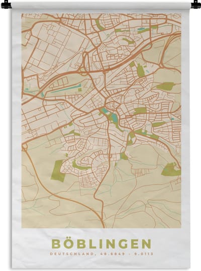 Wandkleed - Wanddoek - Böblingen - Plattegrond - Kaart - Vintage - Stadskaart - 120x180 cm - Wandtapijt