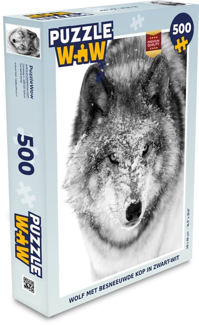 Puzzel Wolf met besneeuwde kop in zwart-wit - Legpuzzel - Puzzel 500 stukjes