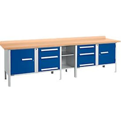 Schäfer Shop Select PWi 300-2 tafelmodel werkbank, beuken multiplexplaat, tot 750 kg, B 3000 x D 700 x H 840 mm, gentiaanblauw/wit aluminium