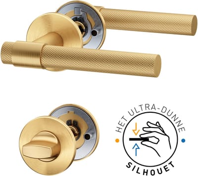 ROSA Super Slim Deurbeslag - Mat Gouden Deurklink met ronde rozet en WC rozet - Deurgrepen voor toilet/badkamerdeuren - Binnendeur - Roestvrij staal - PVD Mat Goud