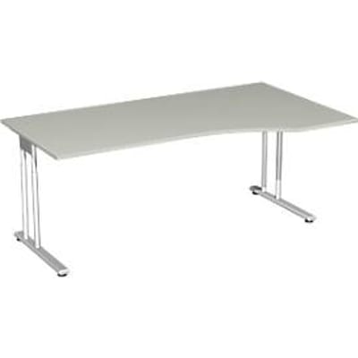 Bureautafel met aanbouw PALENQUE, C-poot, vrije vorm, handmatig in hoogte verstelbaar, aanbouw rechts, B 1800 x D 800/1000 x H 680-820 mm, lichtgrijs