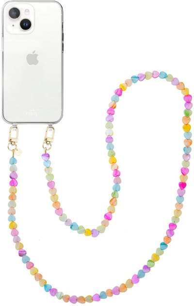 xoxo Wildhearts siliconen hoesje - Geschikt voor iPhone 15 Plus hoesje - Shell Hearts (long) - Telefoonhoesje - Hoesje met koord - gekleurde hartjes - Lang koord - Transparant hoesje met telefoonkoord - Regenboog / Meerkleurig