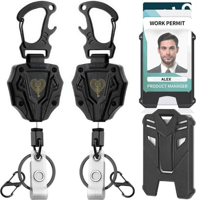 2 Stuks Heavy-Duty Uittrekbare Sleutelhanger met Pasjeshouders - Trekkoord Pashouder voor Dames/Heren - Broekclip Badgehouder 80cm Intrekbaar - Uitrolbare Karabijnhaak Sleutelkoord - Clip Sleutel Koord Uitrekbaar - ID Badges Keykoord/Kecord - Zwart