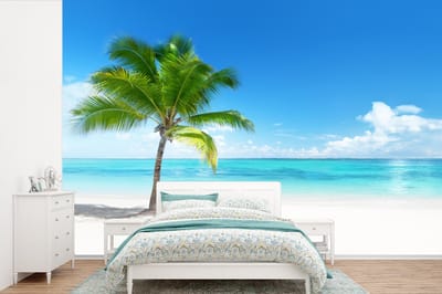 Behang - Fotobehang Palmboom - Strand - Zee - Zomer - Breedte 330 cm x hoogte 220 cm