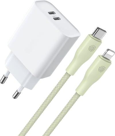 Oplader geschikt voor iPhone - Lightning naar usb-C Kabel Groen - Usb C Adapter 35w - Usb C Stekker 2 Poorten - Snellader geschikt voor iPhone 14 / 13 / 12 / 11 / X