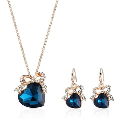 Collier Pendentif Diamant Tendance Style Coréen, Boucles d'Oreilles et Ensemble de Bijoux, Nœud d'Amour Diamant Étincelant, Bijoux en Pierres Précieuses bleu
