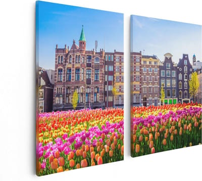 Artaza Canvas Schilderij Tweeluik Amsterdamse Huisjes Met Tulpen - Kleur - 80x60 - Foto Op Canvas - Canvas Print
