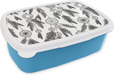 Broodtrommel Blauw - Lunchbox - Brooddoos - Droomvanger - Veren - Indiaan - Patronen - 18x12x6 cm - Kinderen - Jongen