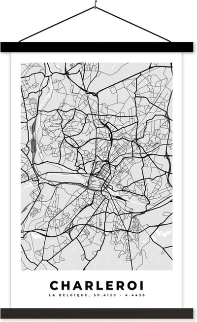 Posterhanger incl. Poster 40x60 cm - Schoolplaat - Stadskaart – Zwart Wit - Kaart – Charleroi – België – Plattegrond - Textielposter - Zwarte latten - Stadskaart