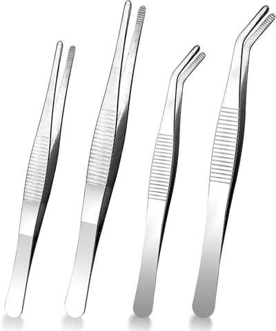 Set van 4 Gebogen en Rechte Pincetten van 16 cm - RVS Pincetten voor Elektronica, Doe-Het-Zelf Projecten en Plantenverzorging