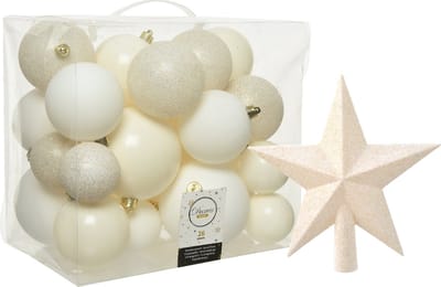 Kunststof kerstballen - 26x stuks - 6, 8 en 10 cm - incl. ster piek - wol wit