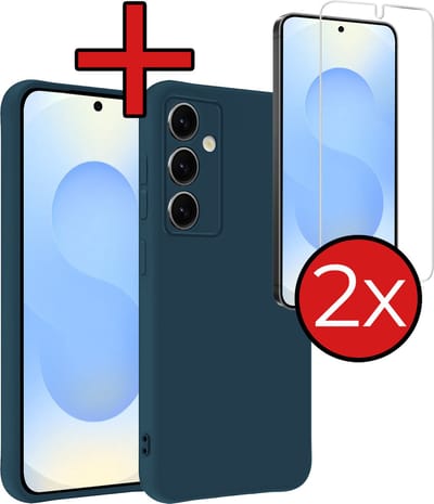 Hoesje - Met 2x Screenprotector - Geschikt voor Samsung Galaxy S25 - Sterk & Shockproof - Telefoon Hoes - Back Cover - Siliconen Case - Telefoonhoes - Donkerblauw
