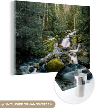 MuchoWow® Glasschilderij 40x30 cm - Schilderij acrylglas - Natuur - Waterval - Bomen - Herfst - Foto op glas - Schilderijen