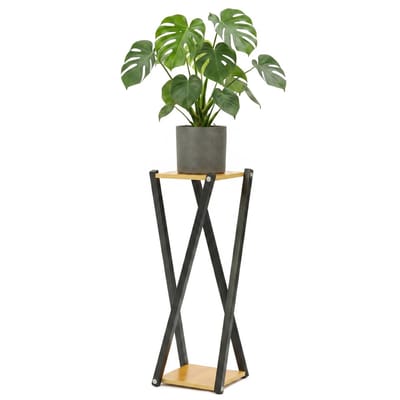 Lomera Plantenstandaard voor Binnen - Plantenrek - Bloemenstandaard - Plantenzuil - Bloempothouder - Plantentafel - Bloemenplank - Plantenhouder - Plantenkruk - Bloempotstandaard - Decoratief - Hoog - Zwart Metaal en Hout - Industrieel