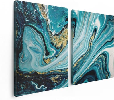 Artaza Canvas Schilderij Tweeluik Abstracte Luxe Kunst in het Blauw met Goud - 120x80 cm - Wanddecoratie Woonkamer - Schilderijen - Muurdecoratie