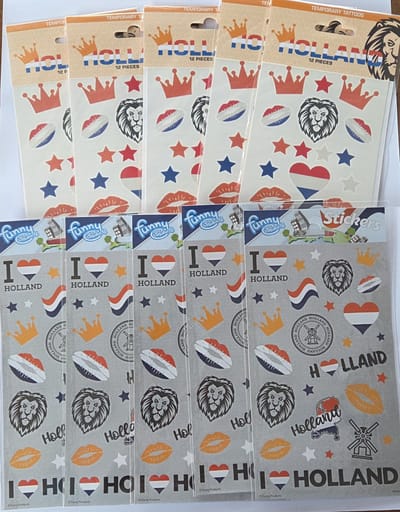 10 stuks 5 x Stickers Holland & 5 x Tattoo Holland , EK, Holland, Voetbal, Verjaardag, Eurosongfestival, Kinderen en Volwassenen