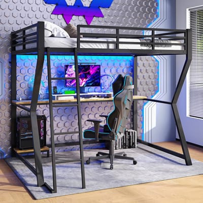 Sweiko Hoogslaper - 90*200 cm - met LED verlichting - Computerstandaard - Bureau + USB aansluiting - Zonder matras - Zwart