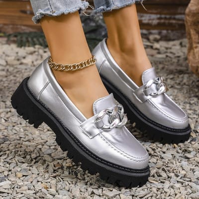Mocassins Argentés Décor Chaîne pour Femmes Plateforme Cuir PU Chaussures Décontractées Femme Printemps Été Confort Mocassins Plats à Enfiler Grande Taille 42 argenté