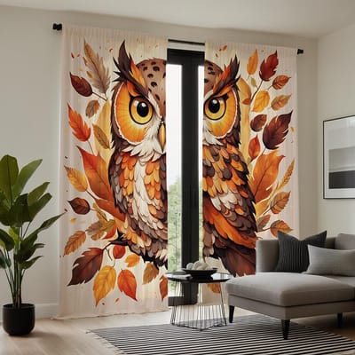 Set de 2 pièces HD hibou sur arbre rideau décoratif Jaune attache rideau imprimé numériquement Style décoration maison Décoration salon lit W52H63inchW132H160cm beige