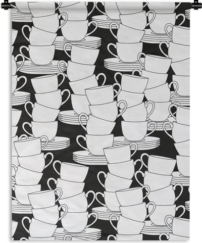 Wandkleed - Wanddoek - Patronen - Zwart wit - Kopjes - Thee - 90x120 cm - Wandtapijt